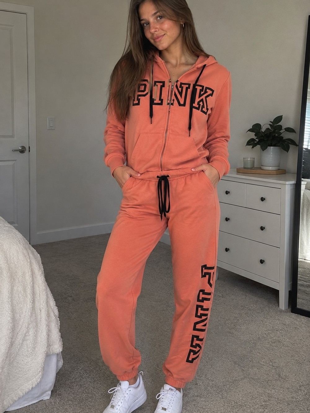 Victoria's Secret PINK Women S Orange Hoodie Joggers 2 Piece Sweatsuit Set